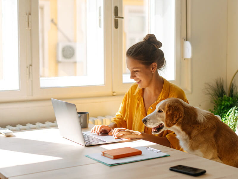 female in yellow shirt with dog working on her laptop and ready to take notes