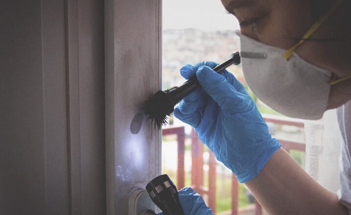 female forensic investigator examining evidence on wall with gloves and flashlight