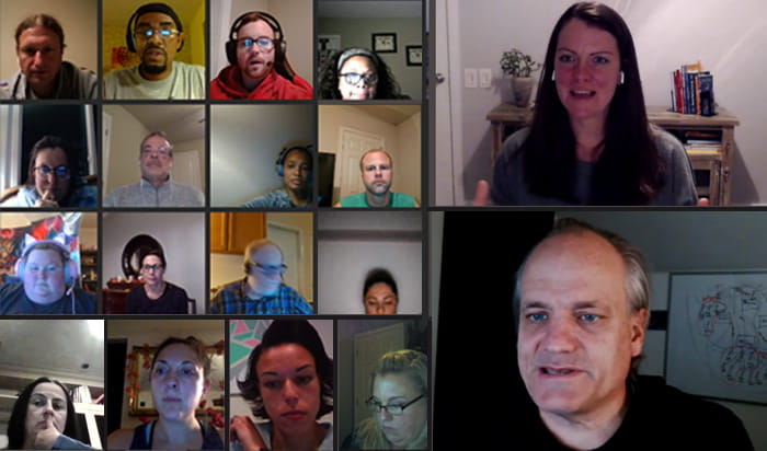 A collage showing several people participating, via virtual means, in a Foundry College class.
