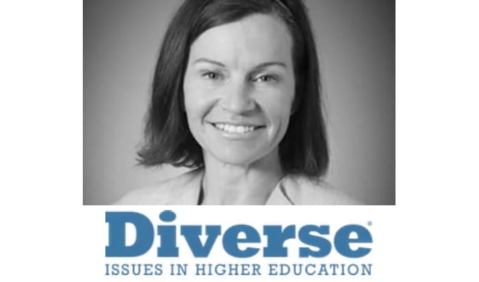 A black-and-white portrait of Professor Kimberly Greene above the logo for "Diverse: Issues in HIgher Education."