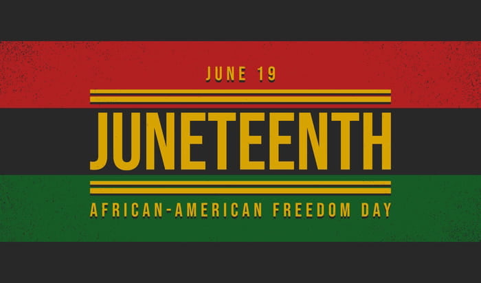 A logo with the message "June 19: Juneteenth: African-American Freedom Day" in gold letters over a striped black, red, and green background.