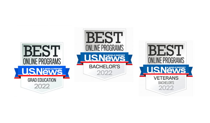 Three U.S. News & World Report badges for the 2022 Best Online Programs rankings. From left to right, they bear the category names of "Grad Education," "Bachelor's," and "Veterans Bachelor's."