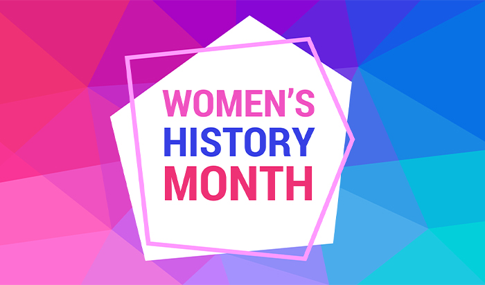An image with the words "Women's History Month" surrounded by blue, purple, magenta, and pink triangles.