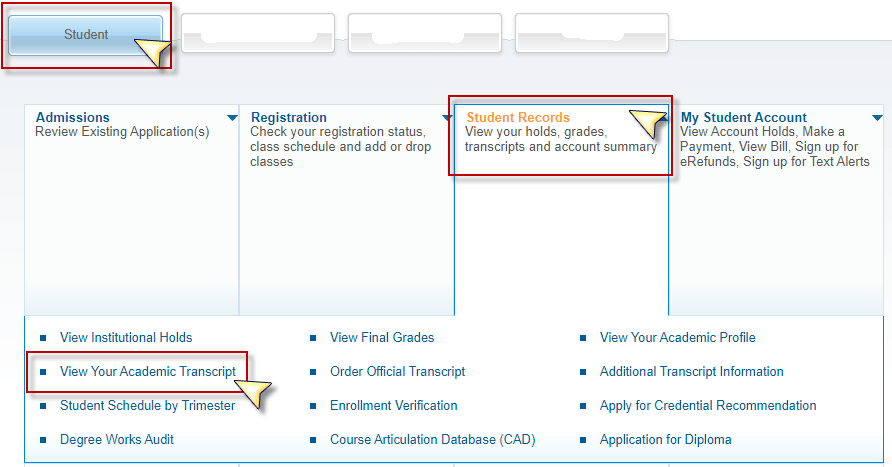 The self service student portal on the student records page with the cursor over the view the unofficial transcripts entry.