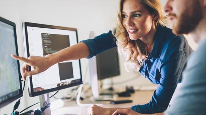 manager showing IT professional an item on a desktop screen