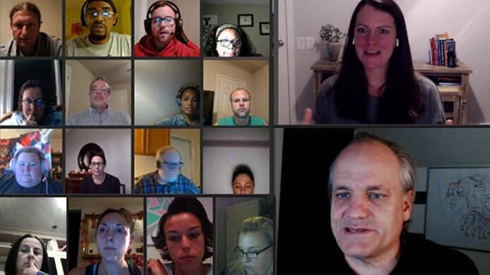 A collage showing several people participating, via virtual means, in a Foundry College class.