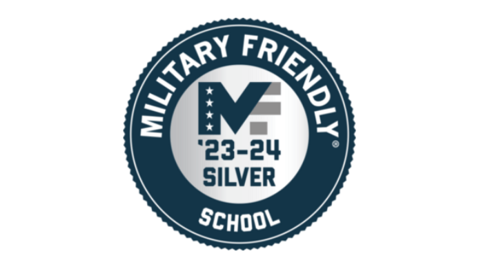 A silver-and-blue badge with the phrases Military Friendly School within the outer blue ring and '23-24 Silver under a logo combining the letters M and F with American flag-inspired stars and stripes in the silver center.