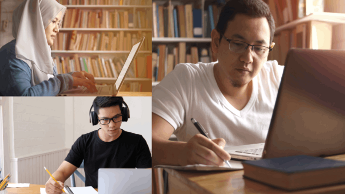 A collage with three images of people, one showing a woman and two depicting men, who are studying while using laptop computers.