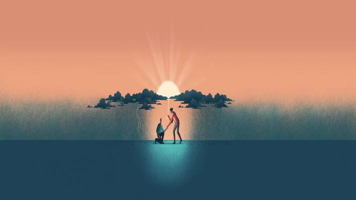 An illustration showing one person helping another during a storm, sharing an umbrella resembling the sun.