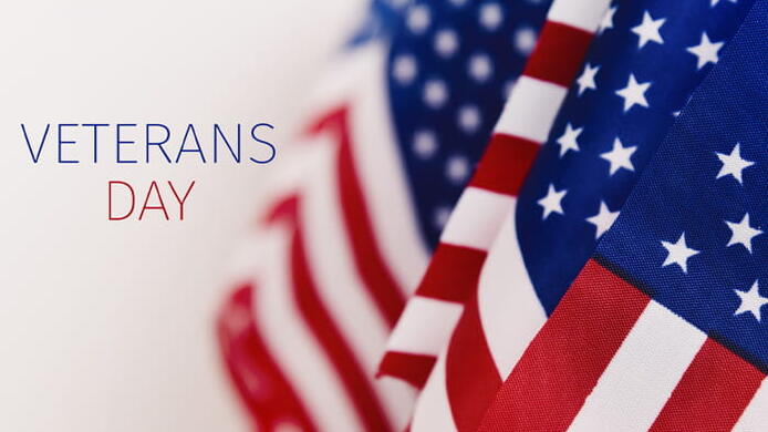 A photo of multiple U.S. flags alongside the words Veterans Day.