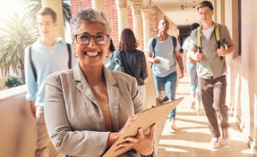 Education clipboard, students and portrait of teacher happy on college campus for coaching, teaching and learning. Knowledge study, high school principal or university professor with daily checklist