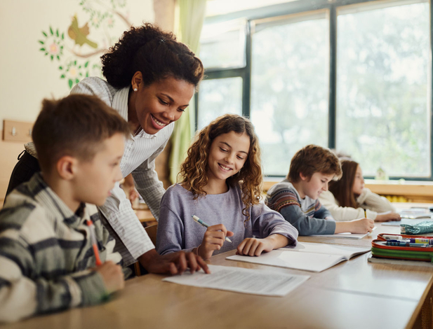 Elementary teacher and students