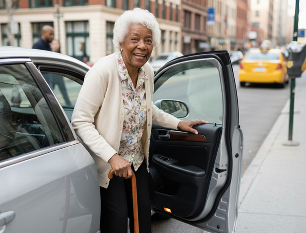 Old lady getting out the car