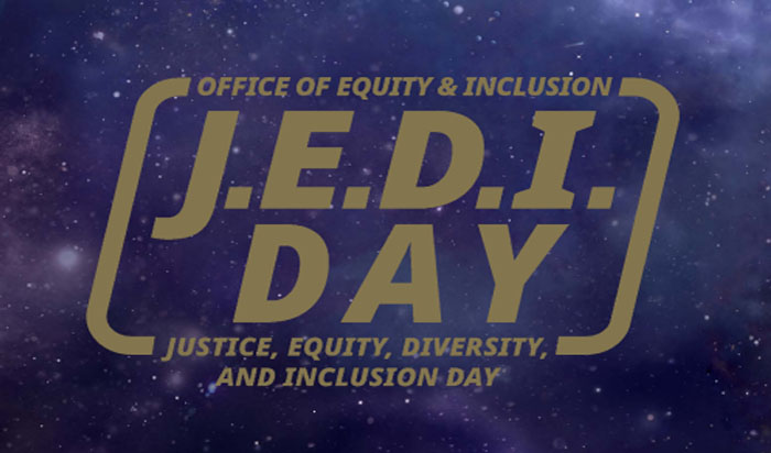 The logo for the Office of Equity and Inclusion's J.E.D.I. day, in gold lettering superimposed over a starry image of outer space.
