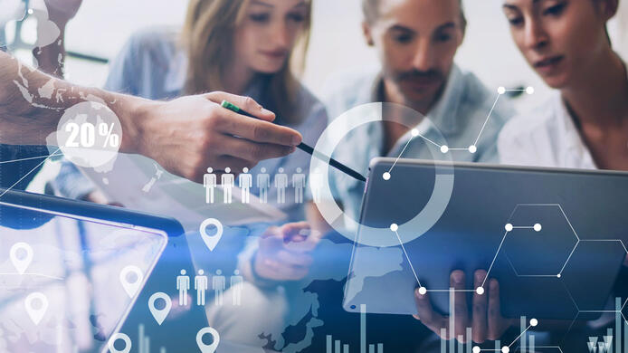 Concept of digital diagram,graph interfaces,virtual screen,connections icon on blurred background.Coworking team meeting