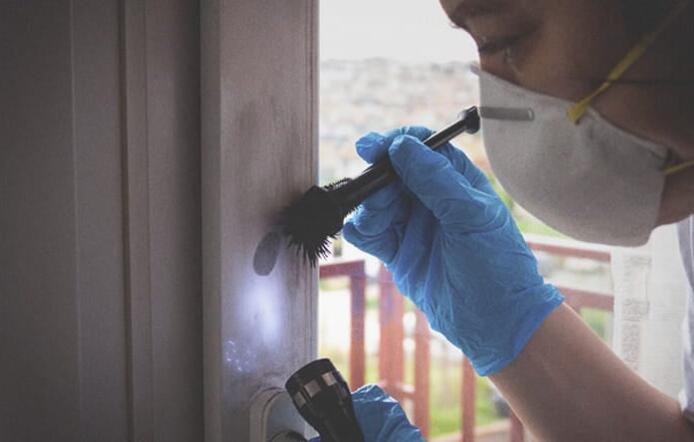 female forensic investigator examining evidence on wall with gloves and flashlight